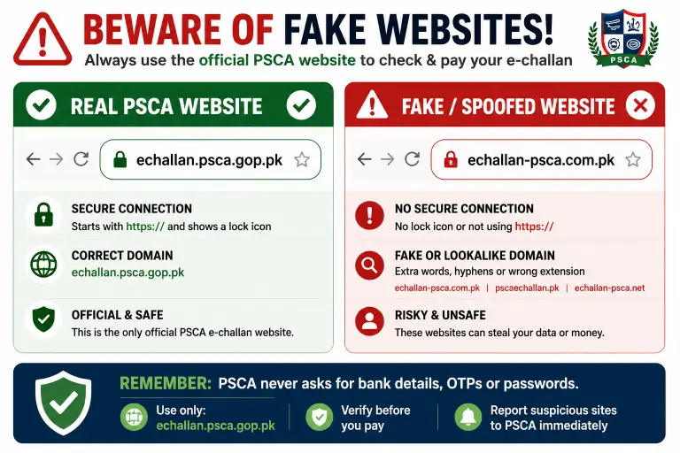 Comparison of the official echallan.psca.gop.pk domain against a fake lookalike e-challan website used in phishing scams
