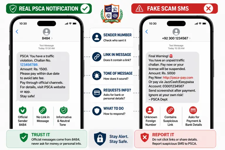 Side-by-side comparison of a real PSCA e-challan SMS versus a fake phishing scam message in Punjab